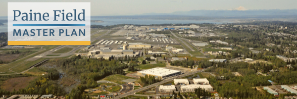 Aerial view of Paine Field with text "Paine Field Master Plan"