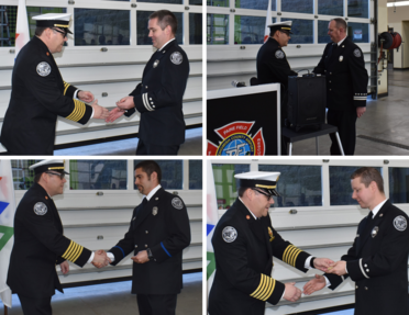 Fire department service award recipients receive pins from Chief Cole