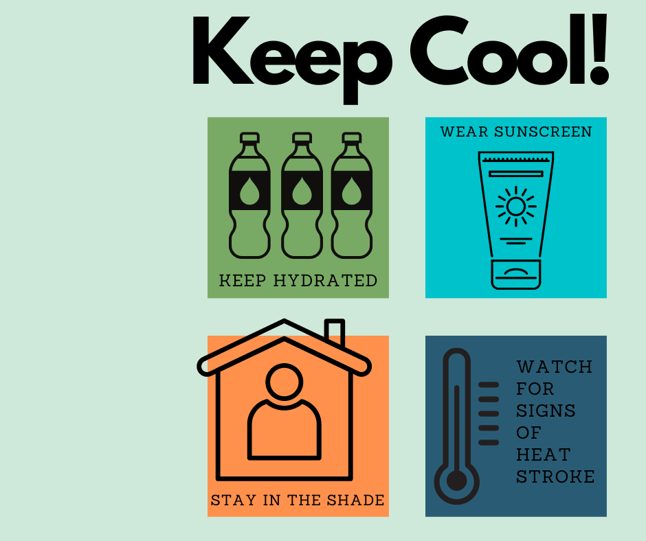 Keep Cool by staying hydrated, wearing sunscreen, staying in the shade, and watching for signs of heat stroke