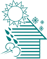 Weatherization Logo. The half-silhouette of a house is surrounded by forces of nature including the sun, snowflakes, raindrops, and wind gusts.