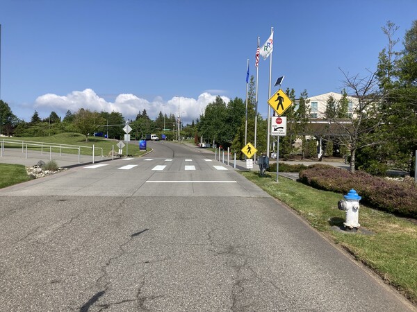 Crosswalk markings and signage at Boeing Future of Flight museum