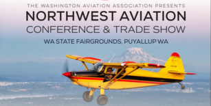 Northwest Aviation Conference and Trade Show header - yellow airplane flying by Mt. Rainier at sunset