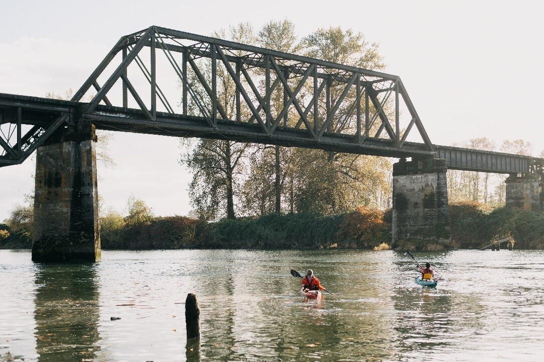 Photo of two kayakers rowing underneath a bridge. 