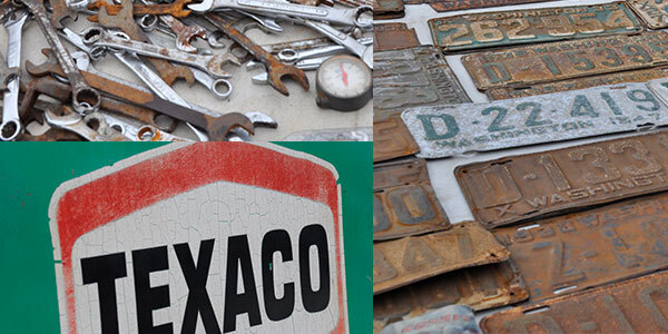 Images of a Texaco sign, wrenches and old license plates