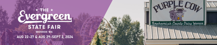 Purple cow stand with fair dates: August 22-September 2, 2024