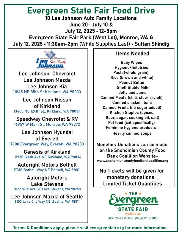 List of food and dealerships for the Evergreen State Fair Food Drive