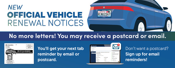 Banner image promoting vehicle registration renewal notices by postcard or email