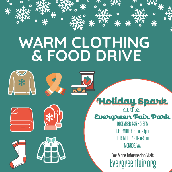 Images of warm clothing and canned food for the Warm and FOod drive at the HOliday Spark at the Evergreen Fair Park, Dec 4-7, 2025