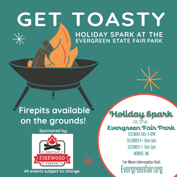 Image of a fire pit. Thank you to Seattle Fire wood for donating wood for the firepit at Holiday Spark at the Evergreen fair Park dec-4-7