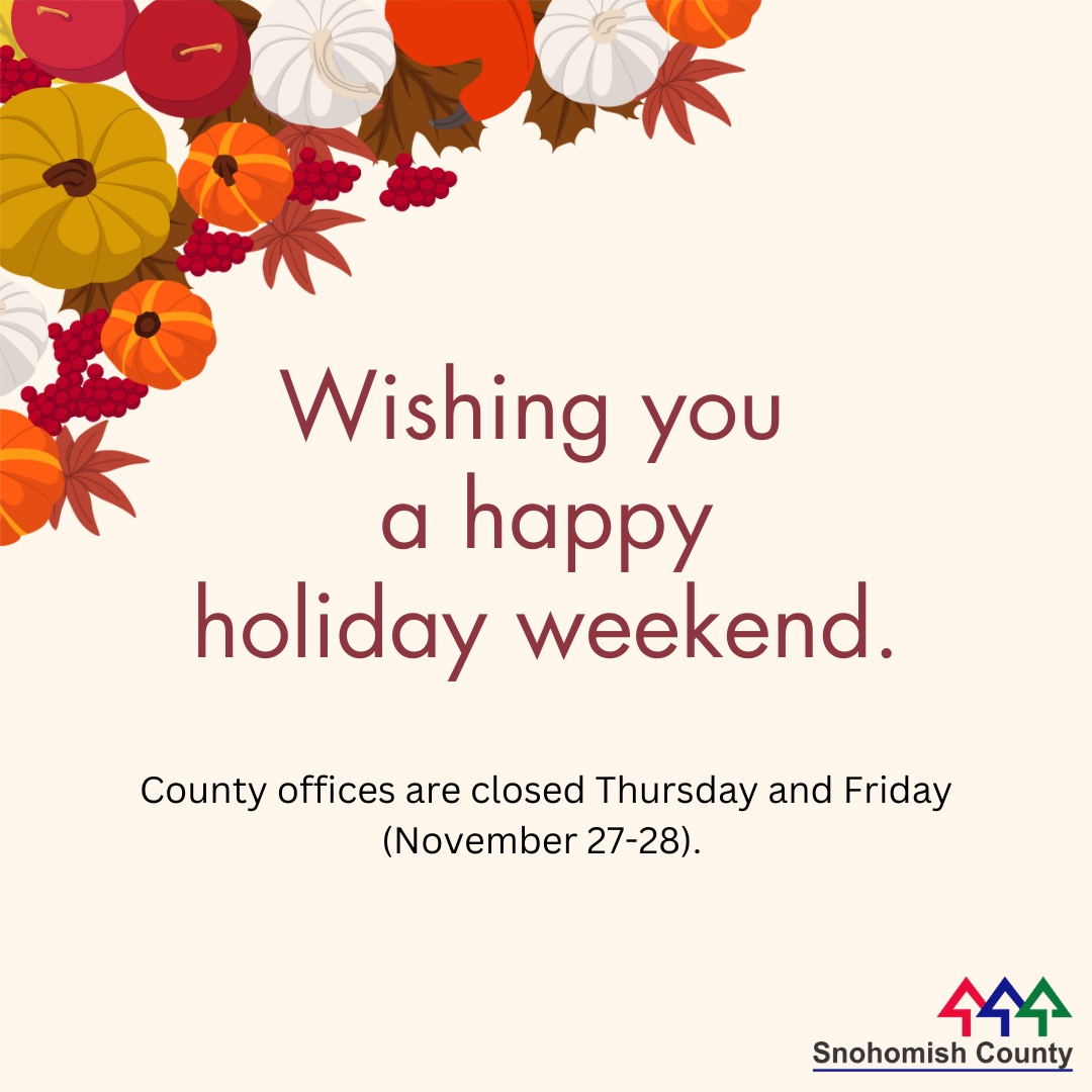 Autumn-themed graphic that reads "Wishing you a happy holiday weekend. County offices are closed Thursday and Friday (Nov. 27-28)"