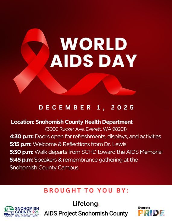 Image of event agenda for a World AIDS Day walk on Dec. 1 that starts at 4:30 p.m. at the Snohomish County Health Department