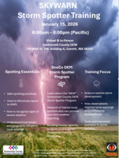 SKYWARN Storm Spotter Training Ja. 15, 2026. Image of storm clouds and a lightning strike.
