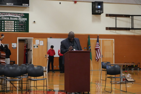 Wil Johnson speaks to students at Centennial Middle School