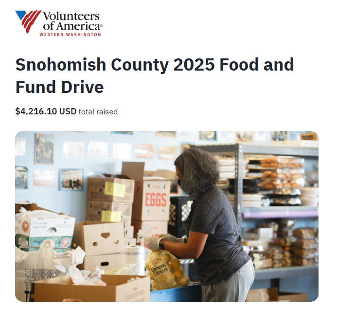 Image of food drive website with picture of volunteer organizing donated food