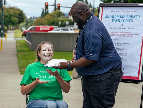 Megan with a pie in the face