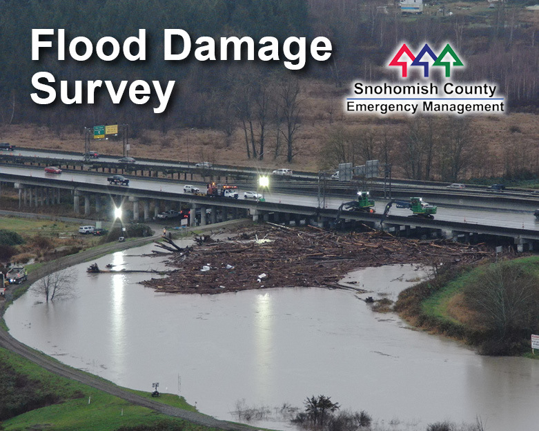Image of flooding with text that says "Flood Damage Survey"