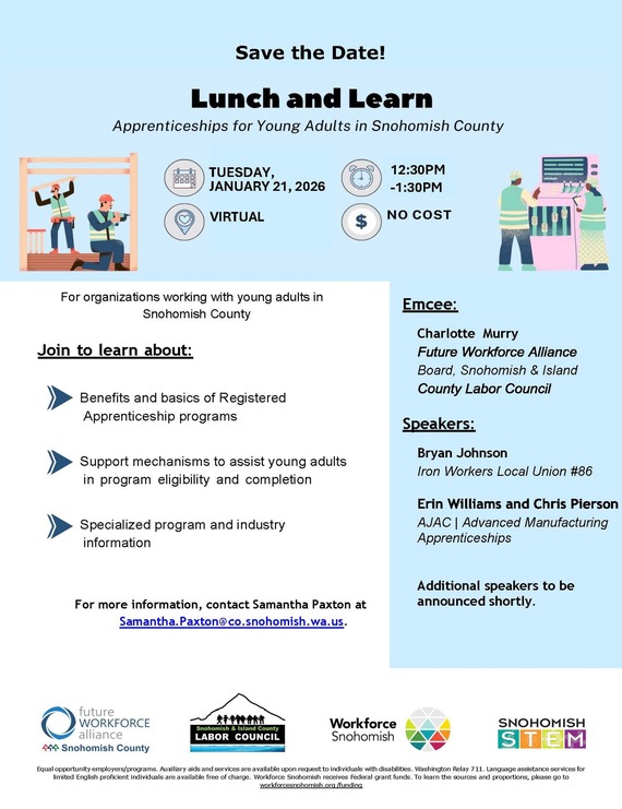 Flyer for free Lunch and Learn on Jan. 21, 2026, virtual from 12:30 to 1:30 p.m. Contact Samantha.Paxton@co.snohomish.wa.us