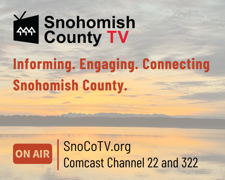 Background of a sunset with text that reads “Informing. Engaging. Connecting Snohomish County. SnoCoTV.org and Comcast Channel 22 and 322