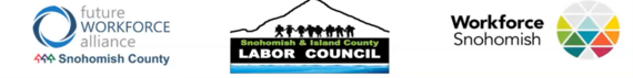 Logo images for Future Workforce Alliance, Snohomish & Island County Labor Council, and Workforce Snohomish