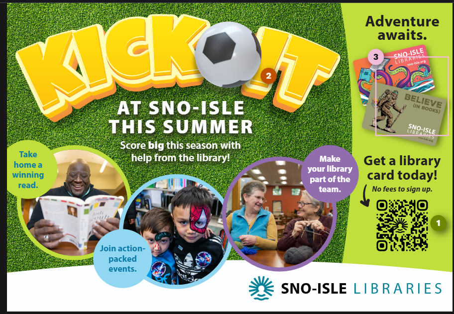 Sno-Isle Libraries kickoff get a library card QR code pics of Wil Johnson reading, kids with face paint, two women knitting