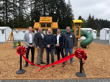 Councilmember Jared Mead at the VOA Pallet Shelter Ribbon Cutting