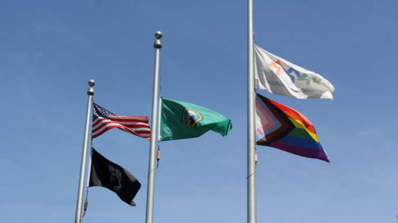 USA, POW MIA, Washington State, Snohomish County, LGBTQIA+ Pride Flags all raised on flag poles