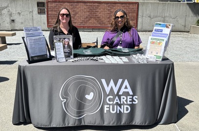 Resource table from WA Care with purple tablecloth and two female participants seated at the table