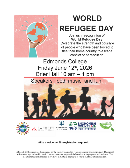 World Refugee Day with hands holding a world globe Edmonds College Friday June 12 10am to 1pm at Brier Hall flyer