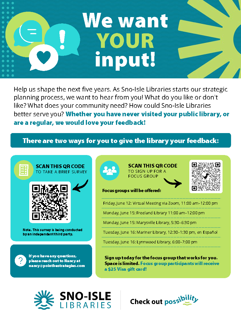 Flyer for Sno Isle Libraries regarding focus groups and feedback includes QR code