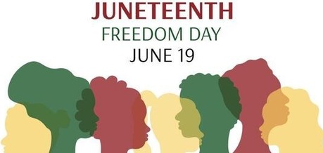Juneteenth Freedom Day June 19 with images of silhouettes on women, men, children in colors of yellow, red, green