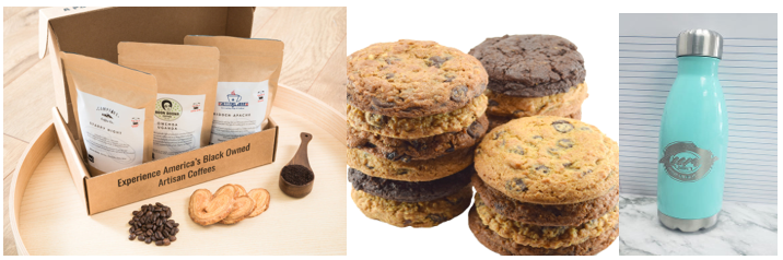 Bags of coffee beans, various cookies such as chocolate chip and double chocolate chip, teal water bottle 