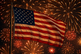 American flag red, white and blue. In the background are red and white fireworks.