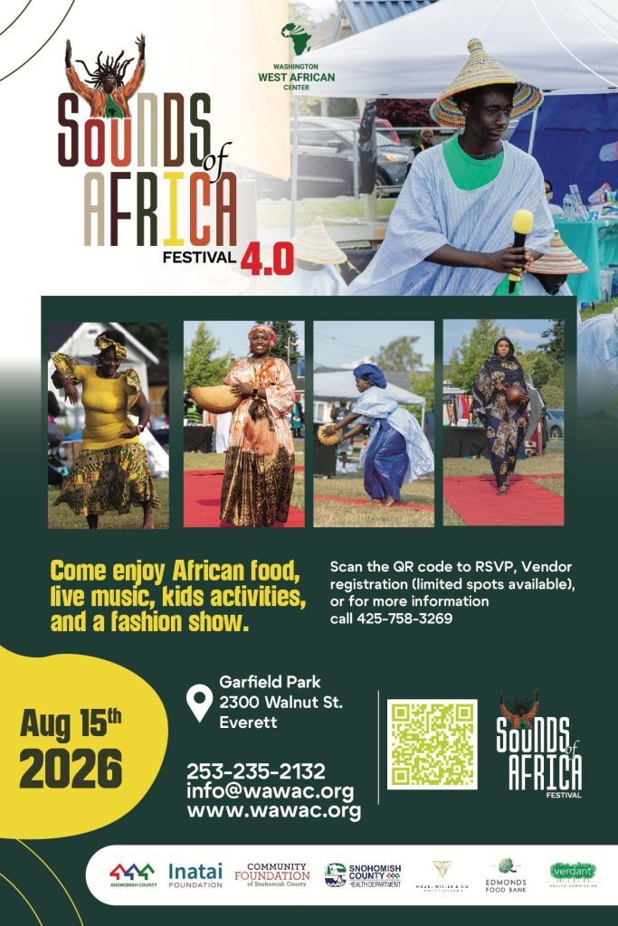 Sounds of Africa Festival on August 14 from 1pm - 7pm at Garfield Park in Everett, WA. Images of African performance in traditional African attire.