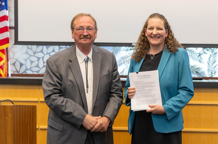Executive Dave Somers and County Council Chair Megan Dunn pose for a photo after the Executive presented budget to Council Tuesday, September 1