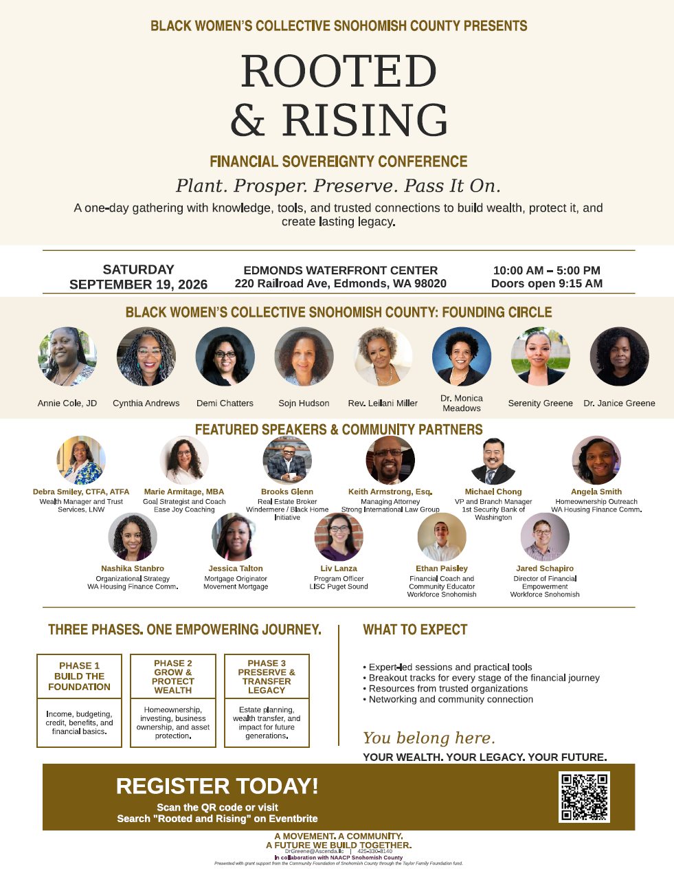 Rooted and Rising info flyer about speakers, time and date, location, what to expect, QR code