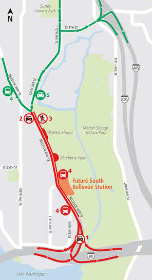 Full road closure map for Bellevue Way Southeast.