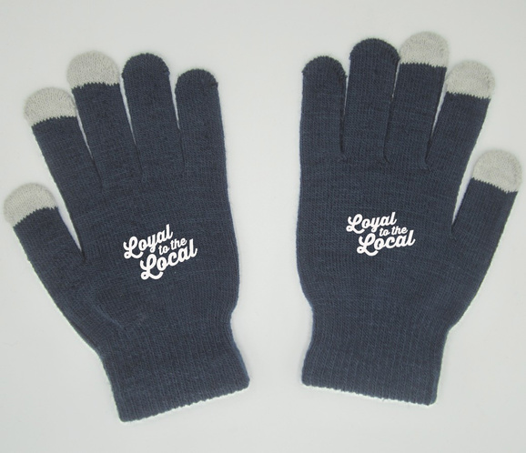 Pair of navy blue mittens with Loyal to the Locals logo printed on top.