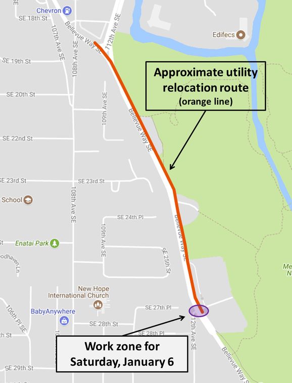Map of PSE/Potelco work area along Bellevue Way Southeast.