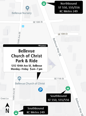Map illustrating location of Bellevue Church of Christ Park-and-Ride. 2/15/2018