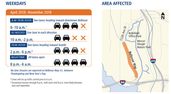 Map of Bellevue Way Southeast lane closures.