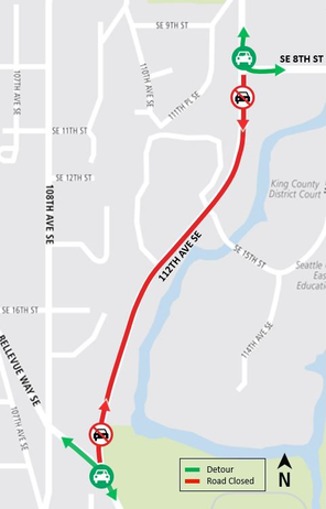 Map of closures on 112th Avenue Southeast in Bellevue.