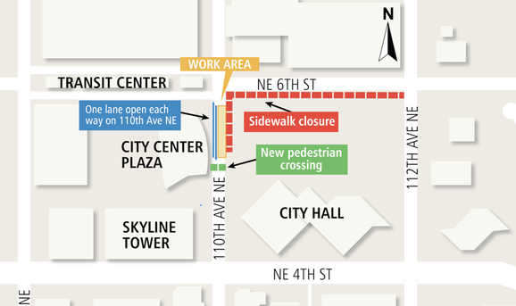 Map showing lane reopening in central Bellevue.