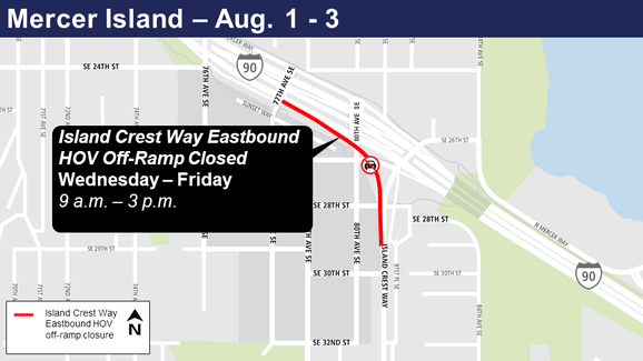 Map of Island Crest Way eastbound HOV ramp closures.