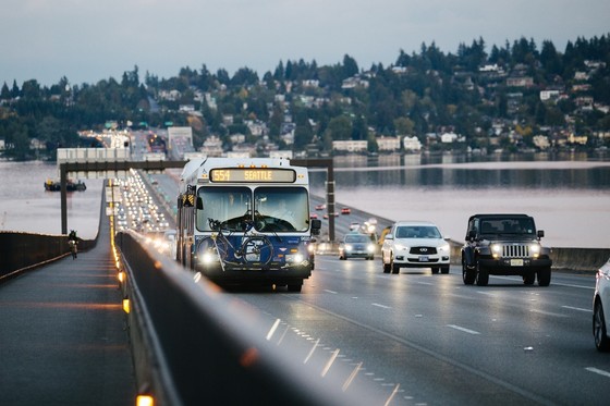 Photo of route 554 bus traveling across Lake Washington.