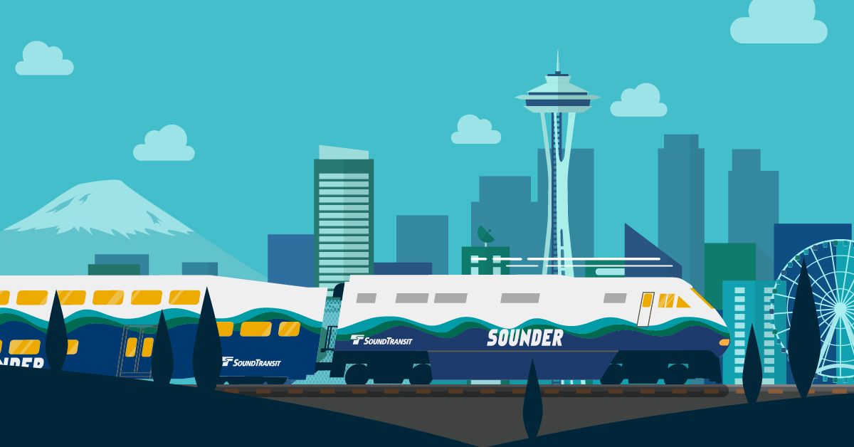 Weekend Sounder service illustration of Sounder train in Seattle.