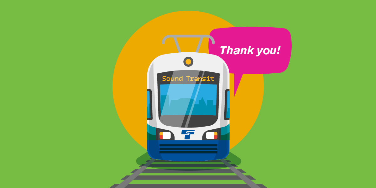 Illustration of Link train on tracks with dialogue balloon that says "Thank you!"