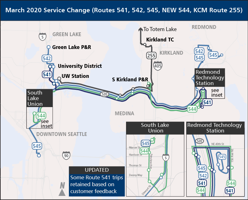 March 2020 service change map for routes 541, 542, 544, 545, KCM route 255.