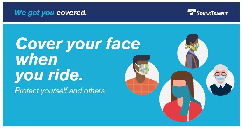 Icons of people with face coverings. "Cover your face when you ride. Protect yourself and others" text on right side.