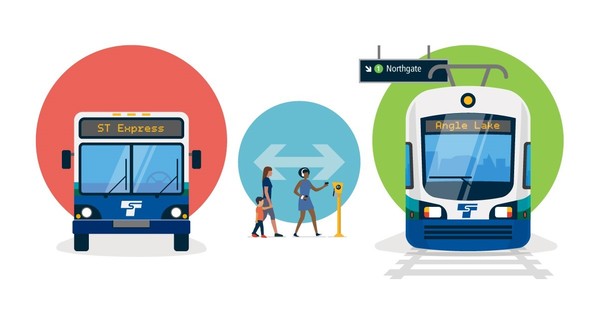 One bus icon and one Link light rail icon with people walking from one to the other.