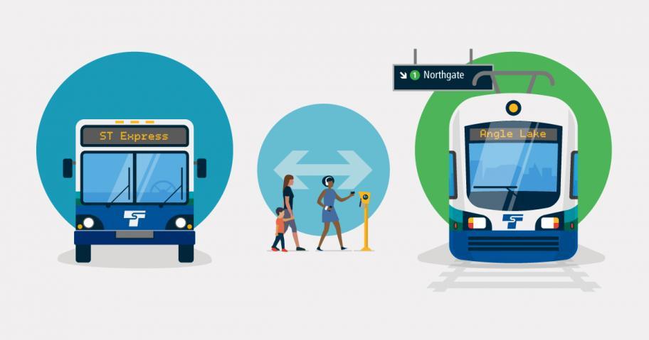 Graphic of two bus icons on the left and right and two people icons crossing from the right bus to the left bus.
